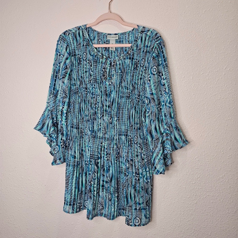 CATHERINES Womens Blue Pleated Tunic Top Blouse Size 14 16 Beaded‎ Trim Ruffle